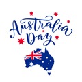 Happy Australia Day with stars and ribbon. Vector illustration Hand drawn text lettering for Australia day. Script. Calligraphic design for print greetings card, sale banner, poster. Colorful